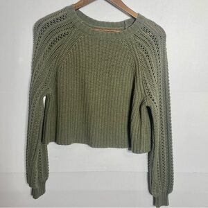 American Eagle Olive Chunky Knit Pointelle Boxy Cropped Cute Sweater